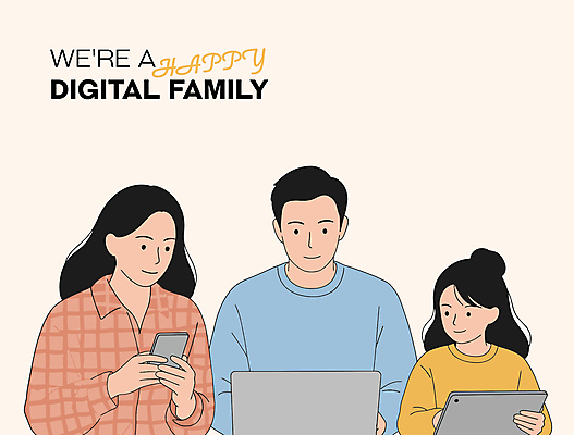 여자 남자 어린이 일러스트 가족 미소 들기 소녀 상반신 성인 세명 노트북 스마트폰 태블릿 타이핑 살구색 디지털라이프 국내일러스트 AI파일 라이프스타일 컬러 관계 모션 표정 사람 전자제품 핸드폰 스마트기기 파일형식 벡터