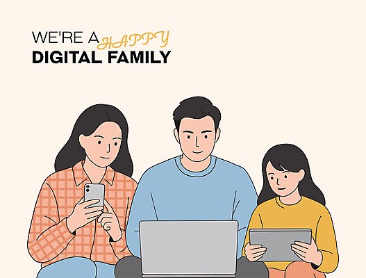 여자 남자 어린이 일러스트 가족 미소 들기 소녀 상반신 성인 세명 노트북 스마트폰 태블릿 타이핑 살구색 디지털라이프 국내일러스트 AI파일 라이프스타일 컬러 관계 모션 표정 사람 전자제품 핸드폰 스마트기기 파일형식 벡터