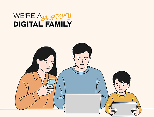 여자 남자 어린이 일러스트 가족 미소 들기 소년 상반신 성인 세명 노트북 스마트폰 태블릿 타이핑 살구색 디지털라이프 국내일러스트 AI파일 라이프스타일 컬러 관계 모션 표정 사람 전자제품 핸드폰 스마트기기 파일형식 벡터