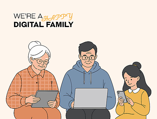 여자 노년 남자 어린이 중년 일러스트 가족 미소 들기 소녀 상반신 세명 노트북 스마트폰 태블릿 타이핑 살구색 안경낌 디지털라이프 국내일러스트 AI파일 라이프스타일 안경 컬러 관계 모션 표정 사람 성인 전자제품 핸드폰 스마트기기 파일형식 벡터