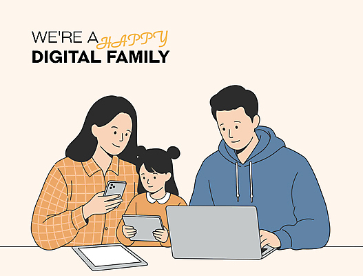 여자 남자 어린이 일러스트 가족 미소 들기 소녀 상반신 성인 세명 노트북 스마트폰 태블릿 타이핑 살구색 디지털라이프 국내일러스트 AI파일 라이프스타일 컬러 관계 모션 표정 사람 전자제품 핸드폰 스마트기기 파일형식 벡터