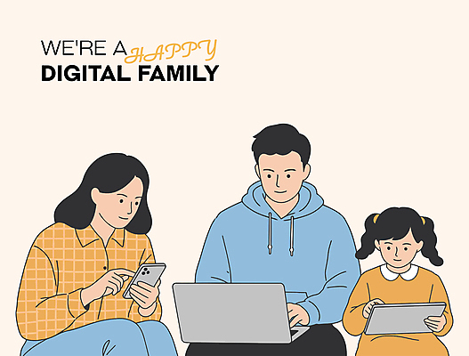 여자 남자 어린이 일러스트 가족 미소 들기 소녀 상반신 성인 세명 노트북 스마트폰 태블릿 타이핑 살구색 안경낌 디지털라이프 국내일러스트 AI파일 라이프스타일 안경 컬러 관계 모션 표정 사람 전자제품 핸드폰 스마트기기 파일형식 벡터