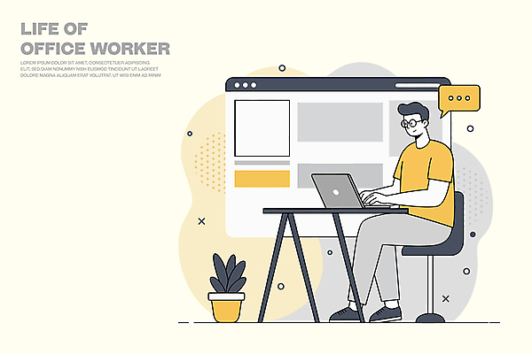 전신 식물 남자 화분 말풍선 의자 일러스트 한명 미소 앉기 성인 노트북 노란색 타이핑 업무 책상 인터넷창 성인남자한명만 안경낌 국내일러스트 AI파일 1 안경 컬러 가구 인터넷 모션 표정 사람 전자제품 작업 남자한명만 성인남자만 파일형식 벡터