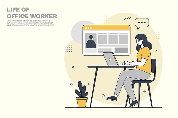 전신 식물 여자 화분 말풍선 의자 일러스트 사람모양 한명 미소 앉기 성인 노트북 노란색 타이핑 업무 책상 인터넷창 성인여자한명만 안경낌 국내일러스트 AI파일 모양 1 안경 컬러 가구 인터넷 모션 표정 사람 전자제품 작업 여자한명만 성인여자만 파일형식 벡터