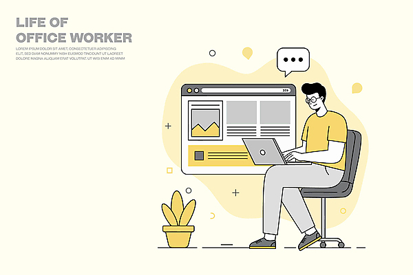 전신 식물 남자 화분 말풍선 일러스트 한명 미소 앉기 성인 노트북 노란색 타이핑 업무 인터넷창 바퀴의자 성인남자한명만 안경낌 국내일러스트 AI파일 1 안경 컬러 인터넷 의자 모션 표정 사람 전자제품 작업 남자한명만 성인남자만 파일형식 벡터