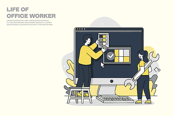 전신 여자 남자 의자 일러스트 미소 들기 성인 두명 노란색 모니터 스패너 키보드 업무 풀 체크표시 시스템 점검 성인만 국내일러스트 AI파일 식물 컬러 가구 모션 표정 사람 컴퓨터 공구 작업 확인 파일형식 벡터