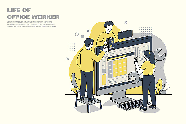 전신 여자 남자 일러스트 돋보기 미소 들기 성인 세명 노란색 모니터 스패너 키보드 업무 풀 받침대 시스템 점검 성인만 국내일러스트 AI파일 식물 컬러 모션 표정 사람 컴퓨터 공구 작업 파일형식 벡터
