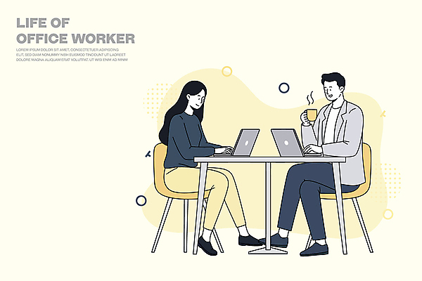 전신 여자 남자 의자 일러스트 미소 들기 앉기 성인 두명 노트북 노란색 머그컵 타이핑 업무 수증기 책상 성인만 국내일러스트 AI파일 컬러 가구 모션 표정 사람 컵 전자제품 작업 파일형식 벡터