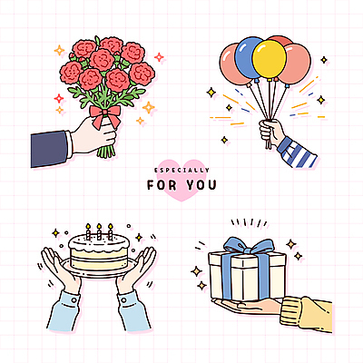손 리본 꽃다발 스티커 일러스트 사랑 들기 손짓 신체부위 선물상자 반짝임 생일케이크 카네이션 주기 풍선 국내일러스트 AI파일 꽃 감정 모션 선물 사람 상자 케이크 파일형식 벡터