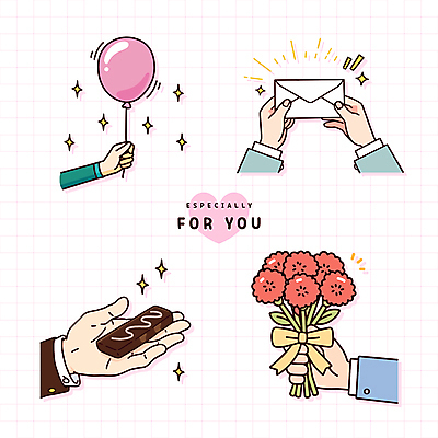 손 리본 꽃다발 스티커 일러스트 사랑 들기 손짓 신체부위 반짝임 편지 카네이션 주기 풍선 초코바 국내일러스트 AI파일 꽃 감정 모션 디저트 사람 파일형식 벡터