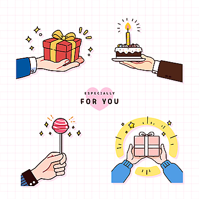 접시 손 스티커 일러스트 막대사탕 사랑 들기 손짓 신체부위 선물상자 빛 반짝임 생일케이크 주기 생일초 국내일러스트 AI파일 식기 감정 초 모션 사탕 선물 사람 상자 케이크 파일형식 벡터