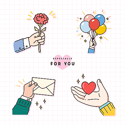 손 스티커 일러스트 사랑 들기 손짓 신체부위 반짝임 하트 편지 카네이션 주기 풍선 국내일러스트 AI파일 모양 꽃 감정 모션 사람 파일형식 벡터