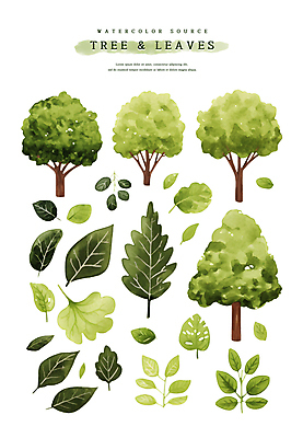 PSD 나무 스티커 일러스트 자연 나뭇잎 수채화 사람없음 연두색 세트 엘리먼트 국내일러스트 식물 잎 초록색 생태계 파일형식