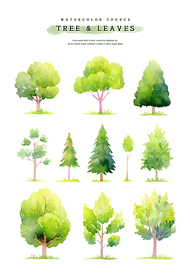 PSD 나무 스티커 일러스트 자연 수채화 사람없음 연두색 세트 엘리먼트 국내일러스트 식물 초록색 생태계 파일형식