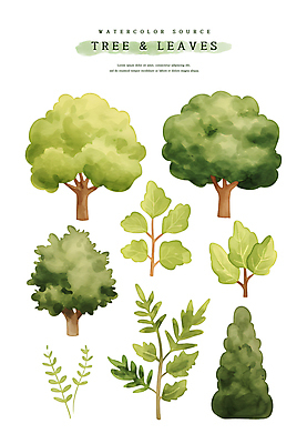 PSD 나무 스티커 일러스트 자연 나뭇잎 수채화 사람없음 연두색 세트 엘리먼트 국내일러스트 식물 잎 초록색 생태계 파일형식