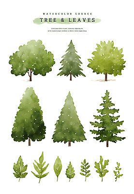 PSD 나무 스티커 일러스트 자연 나뭇잎 수채화 사람없음 연두색 세트 엘리먼트 국내일러스트 식물 잎 초록색 생태계 파일형식