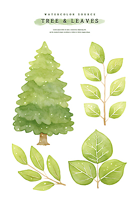 PSD 나무 스티커 일러스트 자연 나뭇잎 수채화 사람없음 연두색 세트 엘리먼트 국내일러스트 식물 잎 초록색 생태계 파일형식