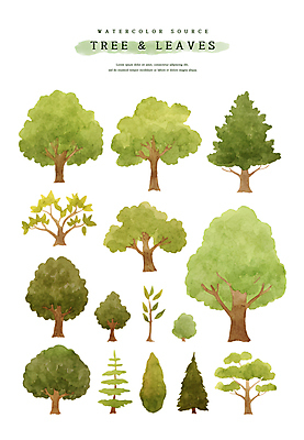 PSD 나무 스티커 일러스트 자연 나뭇잎 수채화 사람없음 연두색 세트 엘리먼트 국내일러스트 식물 잎 초록색 생태계 파일형식