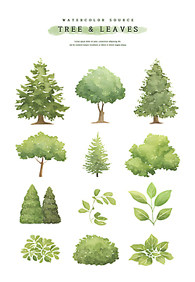 PSD 나무 스티커 일러스트 자연 나뭇잎 수채화 사람없음 연두색 세트 엘리먼트 국내일러스트 식물 잎 초록색 생태계 파일형식