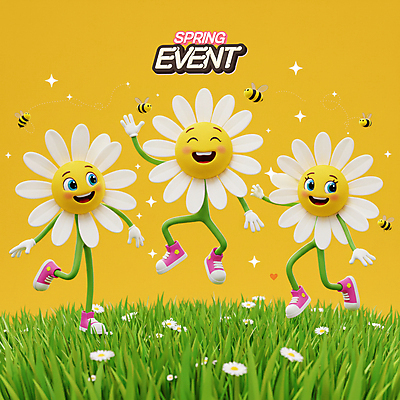 PSD 편집이미지 운동화 3D캐릭터 미소 이벤트 잔디 사람없음 반짝임 노란색 3D 손들기 세일 점프 봄 벌 데이지 다리들기 이미지편집 편집3D 식물 캐릭터 계절 꽃 컬러 곤충 신발 모션 표정 디지털합성 파일형식
