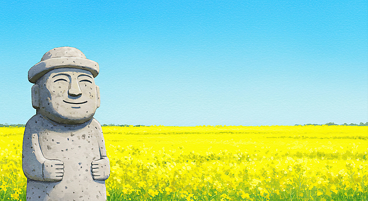 JPG 하늘색 일러스트 하늘 사람없음 제주도 봄풍경 돌하르방 유채밭 연노랑색 국내일러스트 AI일러스트 AI콘텐츠 밭 한국 풍경 파란색 노란색 봄 유채 파일형식