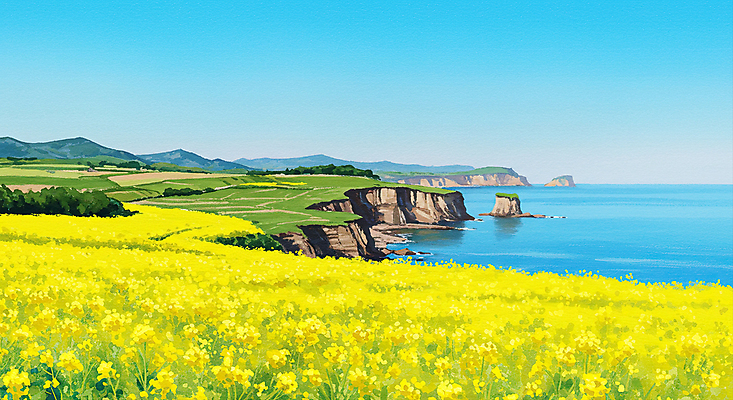 JPG 바다 하늘색 일러스트 하늘 산 사람없음 제주도 봄풍경 유채밭 연노랑색 국내일러스트 AI일러스트 AI콘텐츠 밭 한국 풍경 파란색 노란색 봄 유채 파일형식