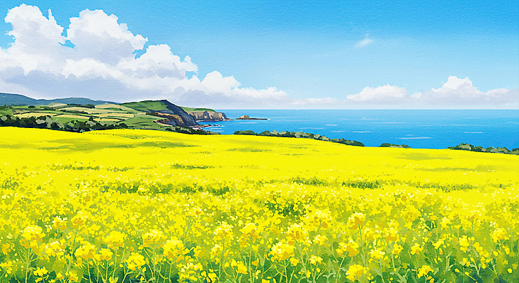 JPG 구름 바다 하늘색 일러스트 하늘 산 사람없음 제주도 봄풍경 유채밭 연노랑색 국내일러스트 AI일러스트 AI콘텐츠 자연요소 밭 한국 풍경 파란색 노란색 봄 유채 파일형식