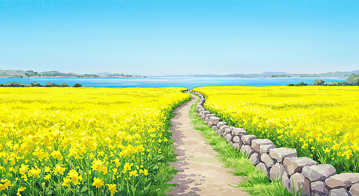 JPG 바다 하늘색 일러스트 하늘 산 돌담 사람없음 제주도 봄풍경 유채밭 연노랑색 국내일러스트 AI일러스트 AI콘텐츠 밭 한국 풍경 파란색 담장 노란색 봄 돌_바위 유채 파일형식