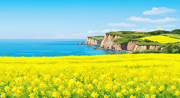 JPG 구름 바다 하늘색 일러스트 하늘 사람없음 제주도 봄풍경 유채밭 연노랑색 국내일러스트 AI일러스트 AI콘텐츠 자연요소 밭 한국 풍경 파란색 노란색 봄 유채 파일형식