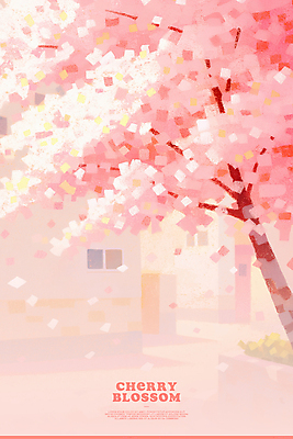 PSD 꽃잎 분홍색 일러스트 사람없음 건물 봄 벚나무 감성 꽃길 국내일러스트 나무 건축물 계절 꽃 길 컬러 컨셉 벚꽃 파일형식