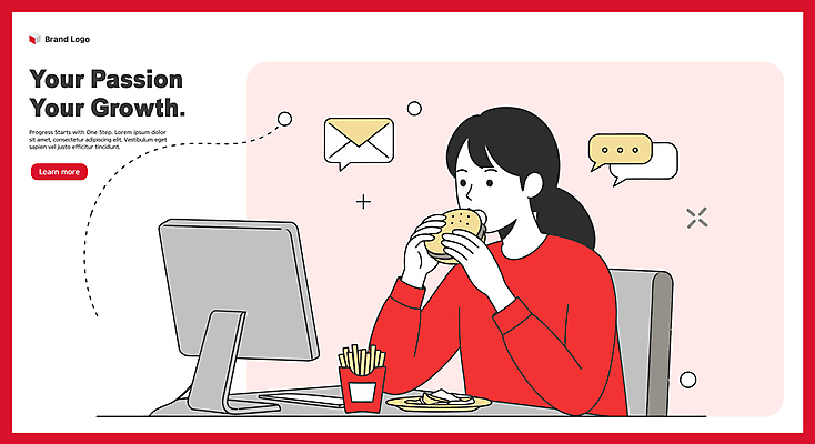 여자 말풍선 일러스트 한명 상반신 성인 빨간색 모니터 감자튀김 햄버거 업무 먹기 바쁨 메신저 의사소통 성인여자한명만 국내일러스트 AI파일 1 컬러 모션 감자 패스트푸드 사람 컴퓨터 튀김 작업 여자한명만 성인여자만 파일형식 벡터