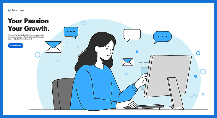 여자 말풍선 일러스트 회의 직장 한명 상반신 성인 파란색 컴퓨터 업무 이메일 집중 메신저 성인여자한명만 국내일러스트 AI파일 1 컬러 컨셉 회사 비즈니스 사람 전자제품 작업 여자한명만 성인여자만 파일형식 벡터