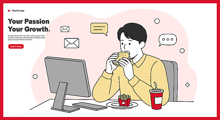 남자 커피 음식 말풍선 일러스트 한명 상반신 성인 빨간색 컴퓨터 모니터 감자튀김 햄버거 업무 바쁨 메신저 성인남자한명만 국내일러스트 AI파일 1 음료 컬러 감자 패스트푸드 사람 전자제품 튀김 작업 남자한명만 성인남자만 파일형식 벡터