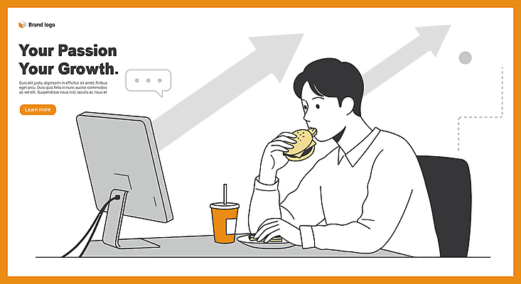 남자 화살표 커피 말풍선 일러스트 회사 한명 상반신 성인 컴퓨터 노란색 모니터 햄버거 업무 바쁨 점심식사 성인남자한명만 국내일러스트 AI파일 1 음료 컬러 비즈니스 패스트푸드 사람 전자제품 식사 작업 남자한명만 성인남자만 파일형식 벡터