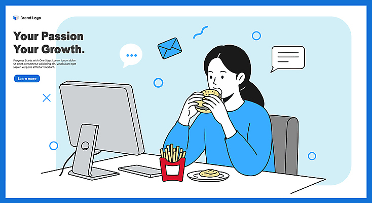 여자 말풍선 일러스트 한명 상반신 성인 파란색 모니터 감자튀김 햄버거 업무 먹기 바쁨 점심식사 성인여자한명만 국내일러스트 AI파일 1 컬러 모션 감자 패스트푸드 사람 컴퓨터 식사 튀김 작업 여자한명만 성인여자만 파일형식 벡터