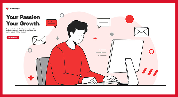 남자 말풍선 일러스트 커뮤니케이션 한명 상반신 성인 빨간색 노트북 컴퓨터 업무 직장인 이메일 집중 메신저 성인남자한명만 국내일러스트 AI파일 직업 1 컬러 컨셉 사람 전자제품 작업 남자한명만 성인남자만 파일형식 벡터