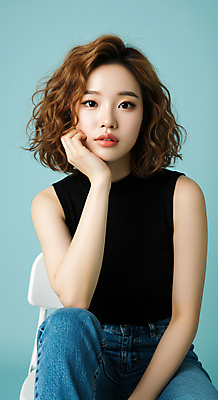 JPG 편집이미지 응시 여자 포즈 하늘색 한명 앉기 상반신 성인 민소매 턱괴기 청바지 단발머리 파마 시크 의료성형뷰티 성인여자한명만 편집실사 AI인물포토 AI콘텐츠 1 헤어스타일 시선 상의 바지 모션 사람 파란색 CG 여자한명만 성인여자만 파일형식 AI포토