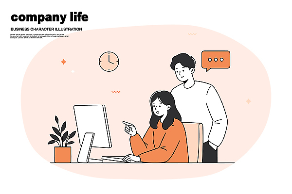 식물 여자 남자 화분 말풍선 일러스트 미소 상반신 성인 두명 비즈니스라이프 반짝임 모니터 주황색 가리킴 비즈니스맨 비즈니스우먼 책상 벽시계 성인만 국내일러스트 AI파일 라이프스타일 시계 컬러 가구 비즈니스 모션 표정 사람 손짓 컴퓨터 직장인 파일형식 벡터