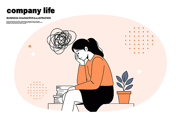 식물 여자 화분 일러스트 한명 앉기 성인 비즈니스라이프 손들기 주황색 비즈니스우먼 좌절 문서 우울감 성인여자한명만 국내일러스트 AI파일 1 라이프스타일 감정 컬러 컨셉 비즈니스 모션 사람 직장인 여자한명만 성인여자만 파일형식 벡터