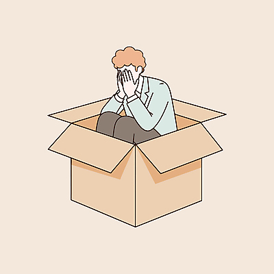 남자 일러스트 스트레스 피곤 한명 성인 상자 눈가림 좌절 불안 고민 웅크림 베이지색 우울감 성인남자한명만 번아웃증후군 국내일러스트 AI파일 1 감정 컬러 컨셉 모션 사람 가림 사회이슈 남자한명만 성인남자만 파일형식 벡터