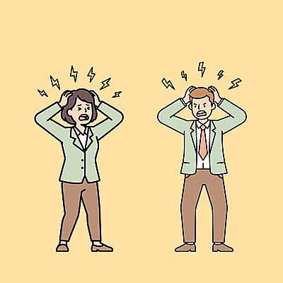 전신 여자 남자 일러스트 스트레스 정장 성인 두명 노란색 외침 비즈니스맨 비즈니스우먼 찡그림 좌절 불안 고민 우울감 손짚기 성인만 번아웃증후군 국내일러스트 머리짚기 AI파일 옷 감정 컬러 컨셉 비즈니스 모션 표정 사람 손짓 소리 직장인 사회이슈 파일형식 벡터