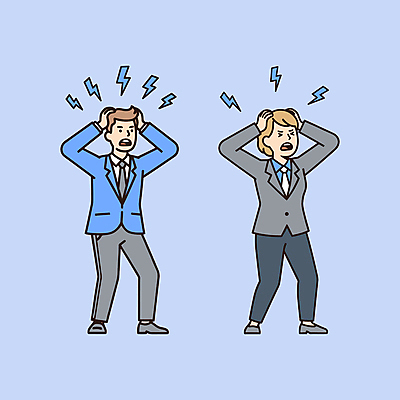 전신 여자 남자 일러스트 스트레스 정장 성인 두명 파란색 외침 비즈니스맨 비즈니스우먼 찡그림 좌절 불안 고민 우울감 손짚기 성인만 번아웃증후군 국내일러스트 머리짚기 AI파일 옷 감정 컬러 컨셉 비즈니스 모션 표정 사람 손짓 소리 직장인 사회이슈 파일형식 벡터