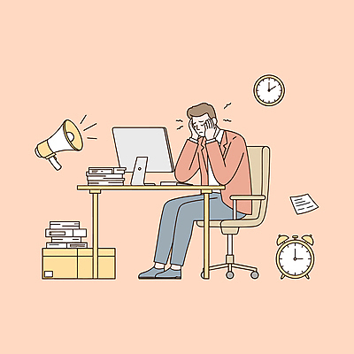 전신 남자 의자 일러스트 스트레스 피곤 한명 앉기 성인 상자 모니터 눈감음 주황색 확성기 자명종 비즈니스맨 좌절 불안 책상 벽시계 고민 문서 우울감 손짚기 성인남자한명만 번아웃증후군 국내일러스트 머리짚기 AI파일 1 감정 시계 컬러 가구 컨셉 비즈니스 모션 사람 손짓 컴퓨터 알람 직장인 사회이슈 남자한명만 성인남자만 파일형식 벡터