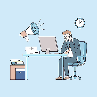 전신 남자 하늘색 의자 일러스트 스트레스 피곤 한명 앉기 성인 모니터 확성기 비즈니스맨 좌절 불안 책상 벽시계 고민 서랍장 문서 우울감 손짚기 성인남자한명만 번아웃증후군 국내일러스트 머리짚기 AI파일 1 감정 시계 가구 컨셉 비즈니스 모션 사람 손짓 파란색 컴퓨터 직장인 사회이슈 남자한명만 성인남자만 파일형식 벡터