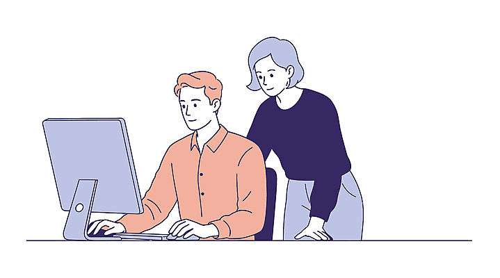 여자 남자 일러스트 협력 직장 허리숙이기 미소 상반신 성인 두명 사무실 모니터 키보드 마우스 업무 비즈니스맨 비즈니스우먼 책상 성인만 국내일러스트 AI파일 가구 회사 비즈니스 표정 숙이기 사람 컴퓨터 컴퓨터용품 작업 직장인 파일형식 벡터