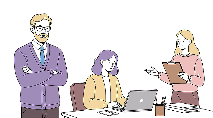 여자 남자 의자 일러스트 회의 협력 직장 미소 들기 상반신 성인 세명 노트북 사무실 펜 손들기 팔짱 타이핑 업무 비즈니스맨 비즈니스우먼 책상 문서 연필꽂이 서류판 성인만 안경낌 국내일러스트 AI파일 안경 가구 회사 비즈니스 모션 문구용품 표정 사람 전자제품 필기구 사무용품 작업 직장인 파일형식 벡터