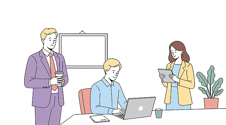 식물 여자 남자 화분 액자 일러스트 회의 협력 직장 미소 들기 정장 상반신 성인 컵 세명 노트북 태블릿 사무실 타이핑 업무 비즈니스맨 비즈니스우먼 책상 문서 테이크아웃컵 성인만 국내일러스트 AI파일 식기 옷 가구 회사 비즈니스 모션 표정 사람 전자제품 스마트기기 작업 직장인 파일형식 벡터