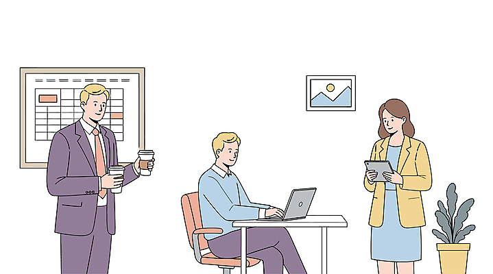 식물 여자 남자 화분 액자 의자 일러스트 회의 협력 직장 미소 들기 앉기 정장 성인 세명 노트북 태블릿 사무실 다리꼬기 업무 비즈니스맨 비즈니스우먼 책상 일정표 테이크아웃컵 성인만 국내일러스트 AI파일 옷 가구 회사 비즈니스 모션 표정 사람 컵 전자제품 스마트기기 작업 직장인 파일형식 벡터