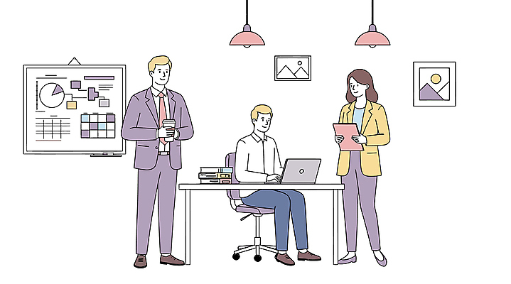 전신 여자 남자 액자 의자 일러스트 회의 협력 전등 직장 미소 들기 앉기 정장 성인 세명 노트북 사무실 업무 비즈니스맨 비즈니스우먼 책상 문서 화이트보드 원그래프 서류판 테이크아웃컵 성인만 국내일러스트 AI파일 옷 가구 회사 비즈니스 모션 그래프 조명 표정 사람 컵 전자제품 사무용품 작업 직장인 파일형식 벡터