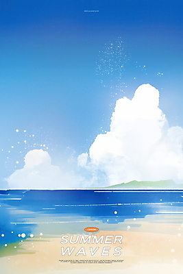 PSD 구름 물결 일러스트 하늘 해변 사람없음 파란색 여름풍경 청량 국내일러스트 자연요소 바다 컬러 풍경 파일형식 여름_계절